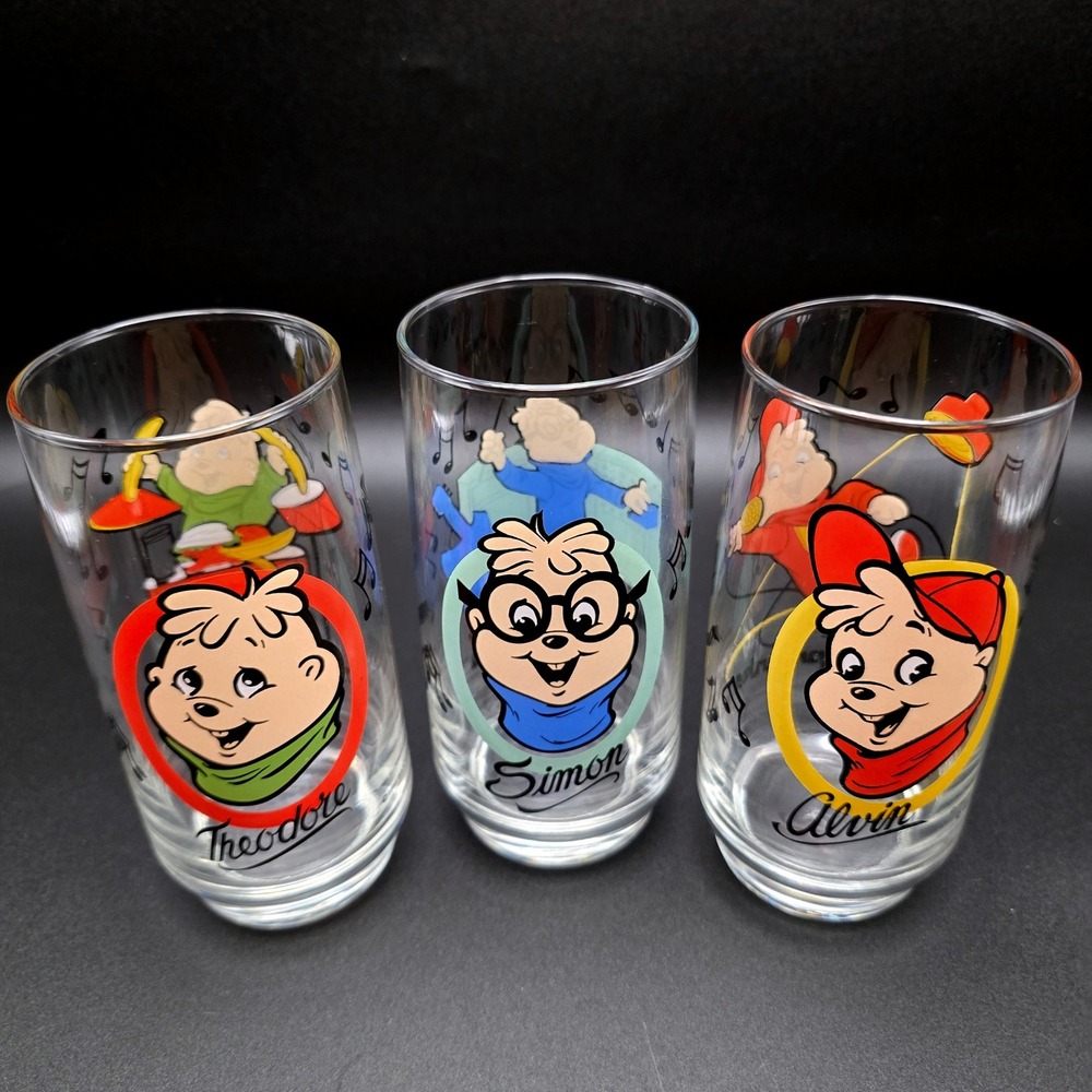 Vintage 1985 Alvin & the Chipmunks Glass Set 3pc Alvin Simon Theodore 80's Retro